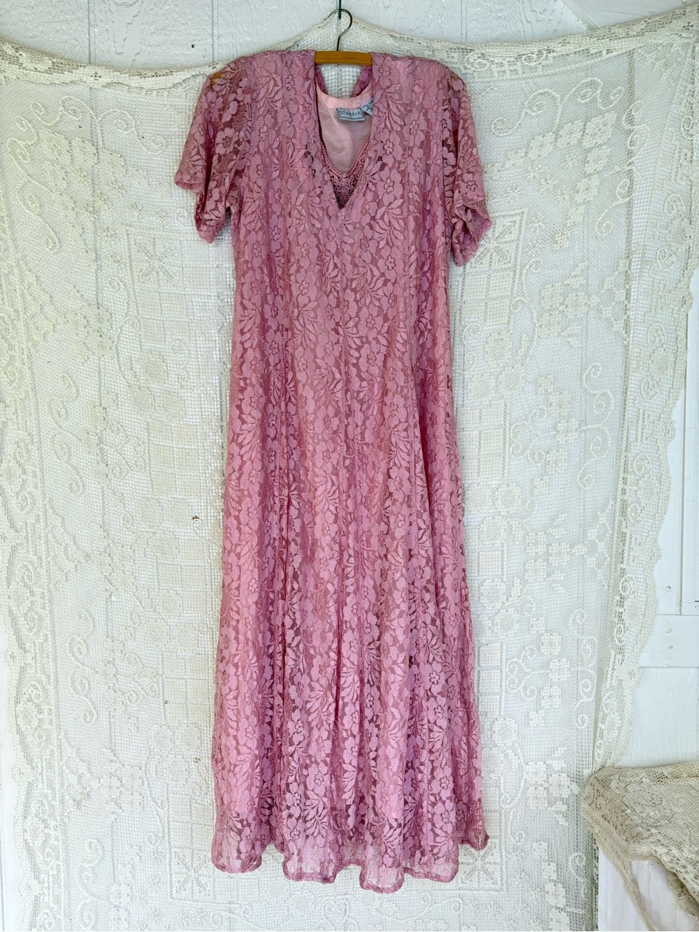 Vintage  Pink Lace Maxi Dress Large